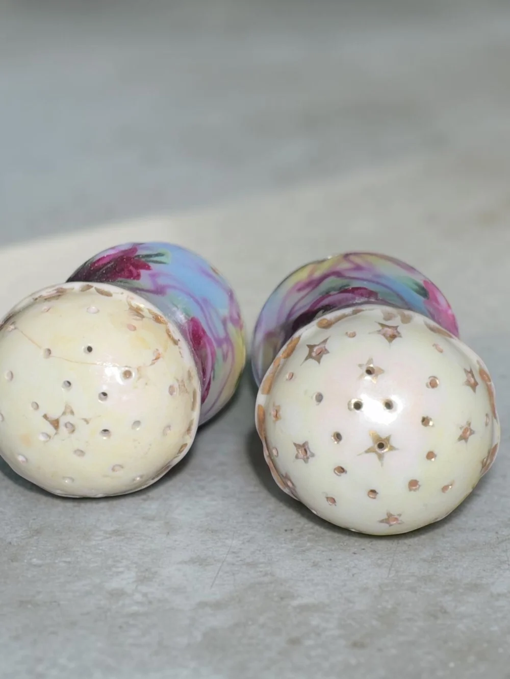Vintage Porcelain Salt Pepper Shakers Hand Painted Roses Gold Gilt Cork Pair